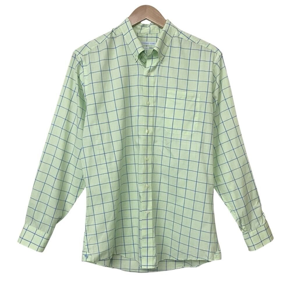 Southern Tide Mens Size Large Button Down Dress Shirt Plaid Green Blue White